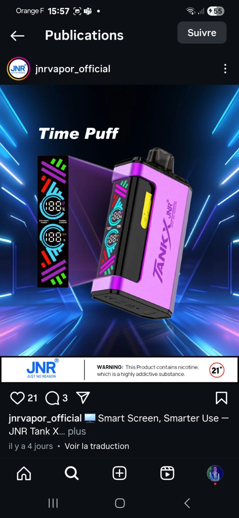 لقطة شاشة من الحساب الرسمي لشركة JNR، الشركة المصنعة للسجائر الإلكترونية.